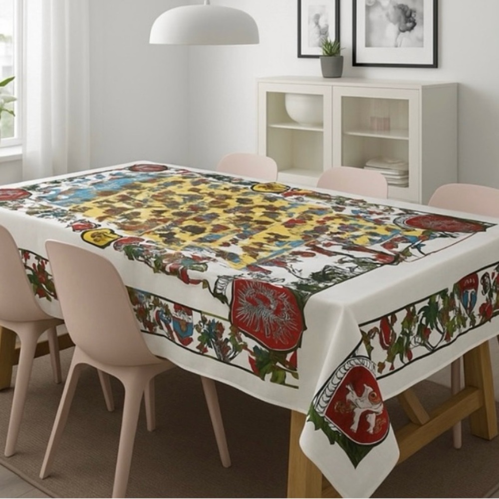 VINTAGE 70s NEW German Castles & Crests Whimsical Tablecloth NWT